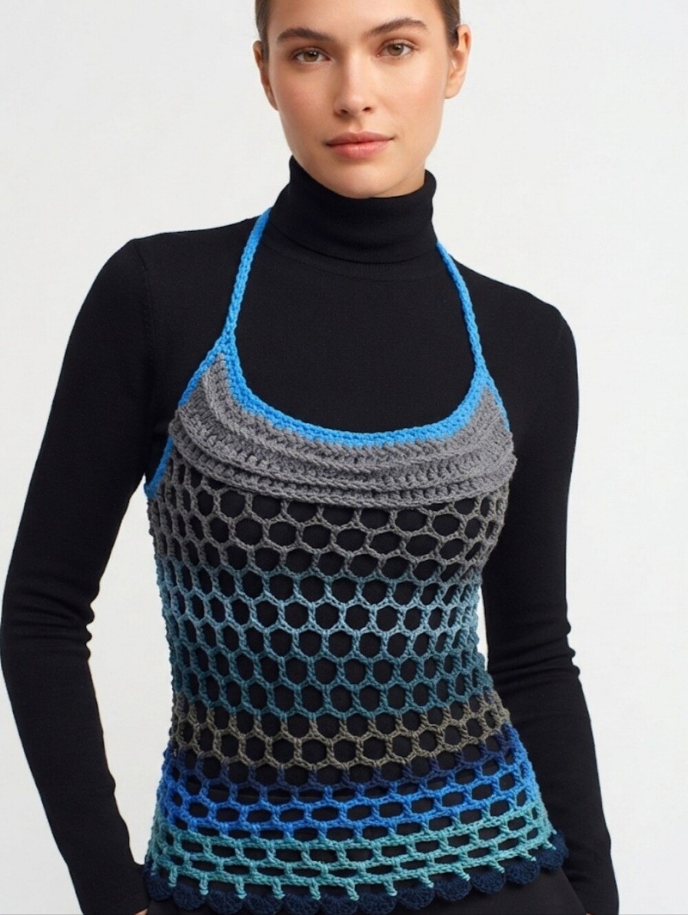 Hand Crafted Crochet Top Blue Gray Green Resort Wear One of a Kind